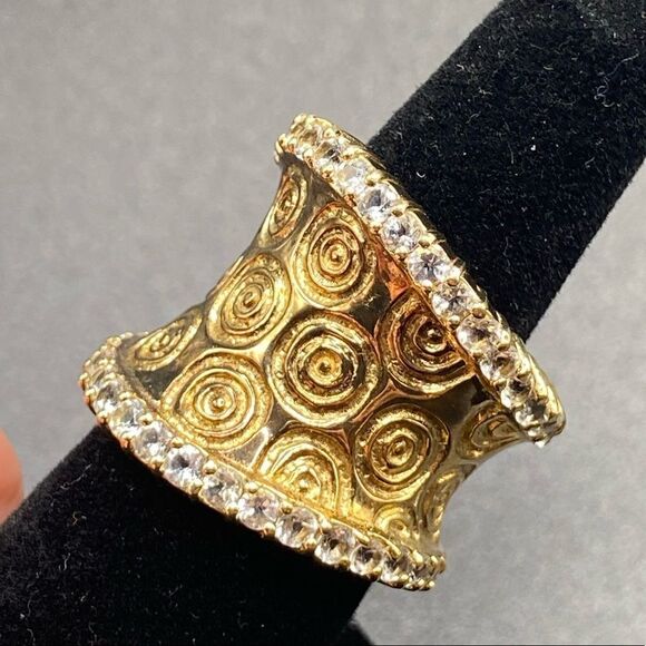 Sterling silver 925 concave ring with gold overlay swirl white sapphire - Picture 4 of 14